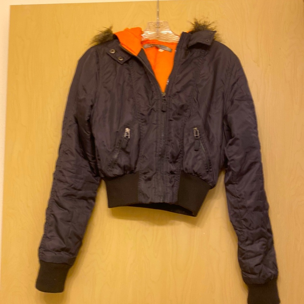 Black/Orange Fur Hooded Cropped Jacket
